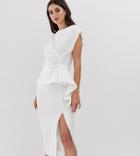 Asos Design Tall Peplum Pencil Midi Dress With Tuck Detail-white