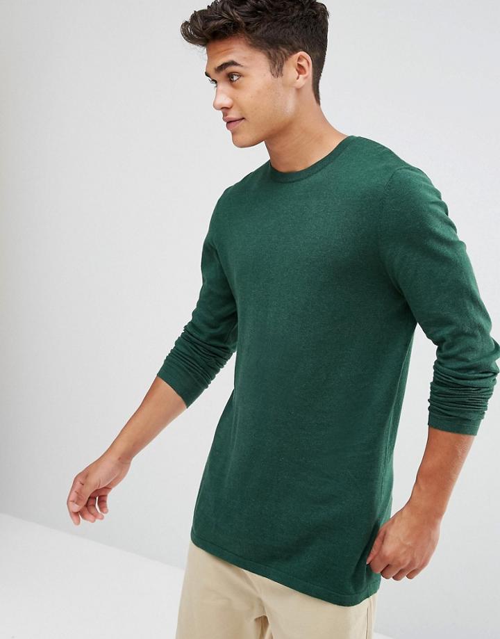 Asos Longline Cotton Sweater In Bottle Green - Green