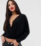 Asos Design Tall Batwing Wrap Top With Lace Trim-black