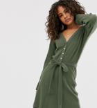 Asos Design Tall Super Soft Rib Fallen Shoulder Mini Dress - Green