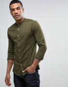 Asos Skinny Twill Shirt With Grandad Collar In Khaki - Green