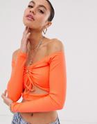 Asos Design Ruched Front Bardot Top In Rib - Orange