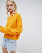 Asos Design Fluffy Sweater In Rib With Roll Neck - Yellow