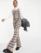 Asos Design Tie Front Flare Overall Jumpsuit In Check With Roll Neck Top-multi