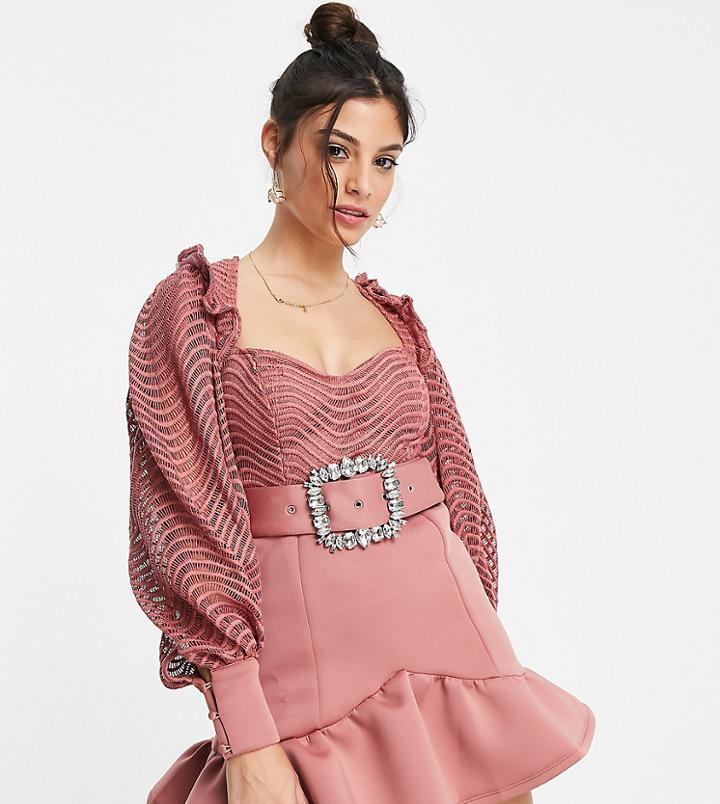 Asos Design Petite Wiggle Lace Crystal Belt Pep Hem Ruffle Mini Dress In Rose-blue