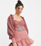 Asos Design Petite Wiggle Lace Crystal Belt Pep Hem Ruffle Mini Dress In Rose-blue