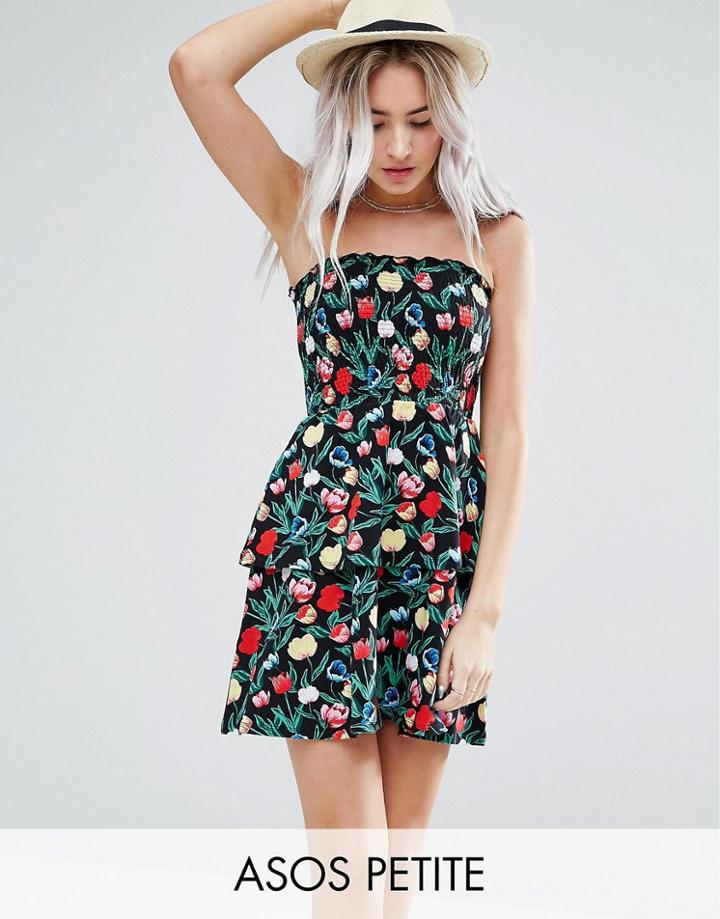 Asos Petite Bandeau Shirred Mini Sundress With Peplum Hem In Tulip Print - Multi