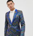 Asos Edition Tall Slim Tuxedo Jacket In Multi Colored Zig Zag Jacquard - Blue