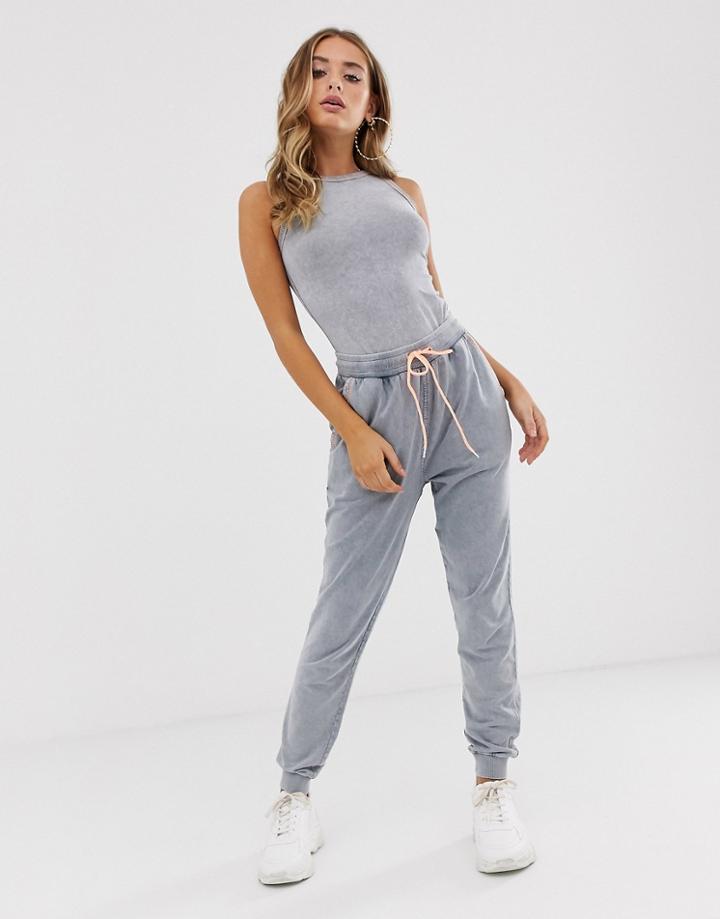 Asos Design Two-piece Jogger In Acid Wash With Contrast Stitch-brown
