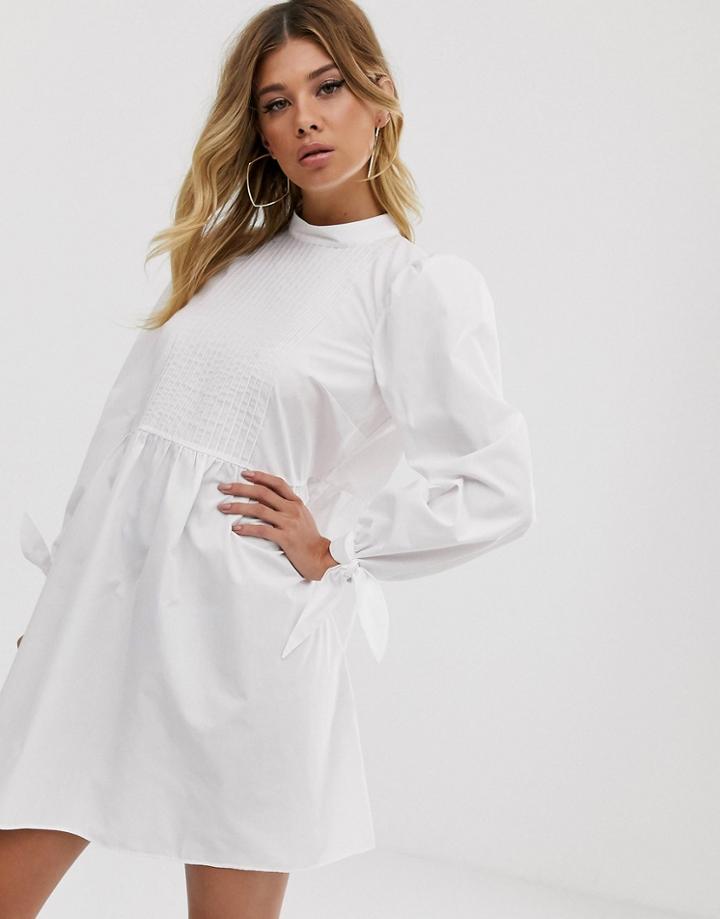 Asos Design High Neck Mini Smock Dress With Pin Tucks And Tie Sleeves - White