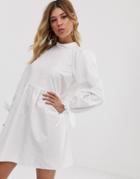 Asos Design High Neck Mini Smock Dress With Pin Tucks And Tie Sleeves - White