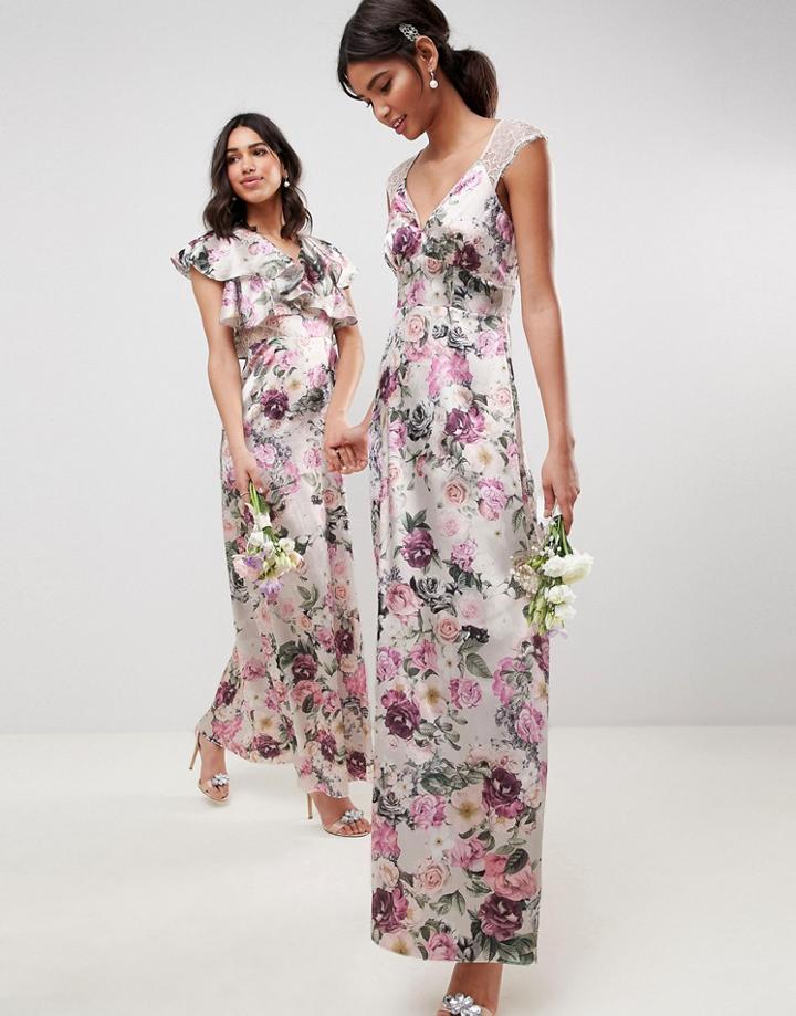 Asos Design Bridesmaid Lace Insert Maxi Dress In Pretty Floral Print - Multi