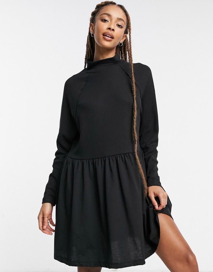 Asos Design Smock Dress With Raglan Sleeves In Waffle Cotton Mix In Black