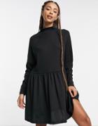 Asos Design Smock Dress With Raglan Sleeves In Waffle Cotton Mix In Black
