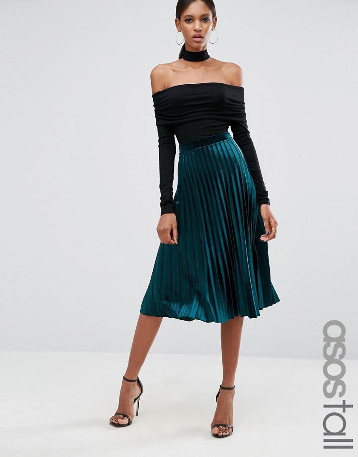 Asos Tall Pleated Velvet Midi Skirt - Green