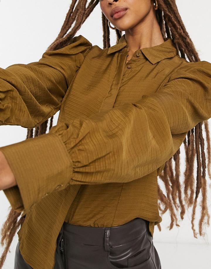 Vila Textured Shirt With Sleeve Detail In Olive-brown