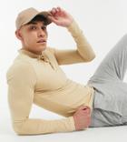 Asos Design Tall Organic Long Sleeve Muscle Fit Polo In Beige-neutral