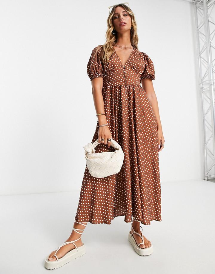 River Island Polka Dot Midi Dress In Brown