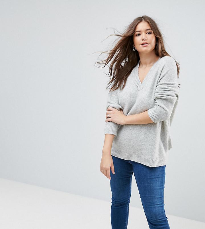 Asos Curve Sweater With V Neck In Wool Mix - Gray