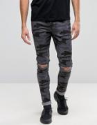 Asos Super Skinny Jeans With Knee Rips In Black Camo - Black
