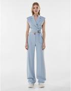 Bershka Recycled Polyester Wide Leg Dad Relaxed Tailored Pants In Blue-blues