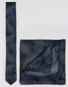 Asos Paisley Tie And Pocket Square Set - Navy