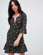 Asos Design Mini Scuba Crepe Dress With V Wire In Spot Floral - Multi