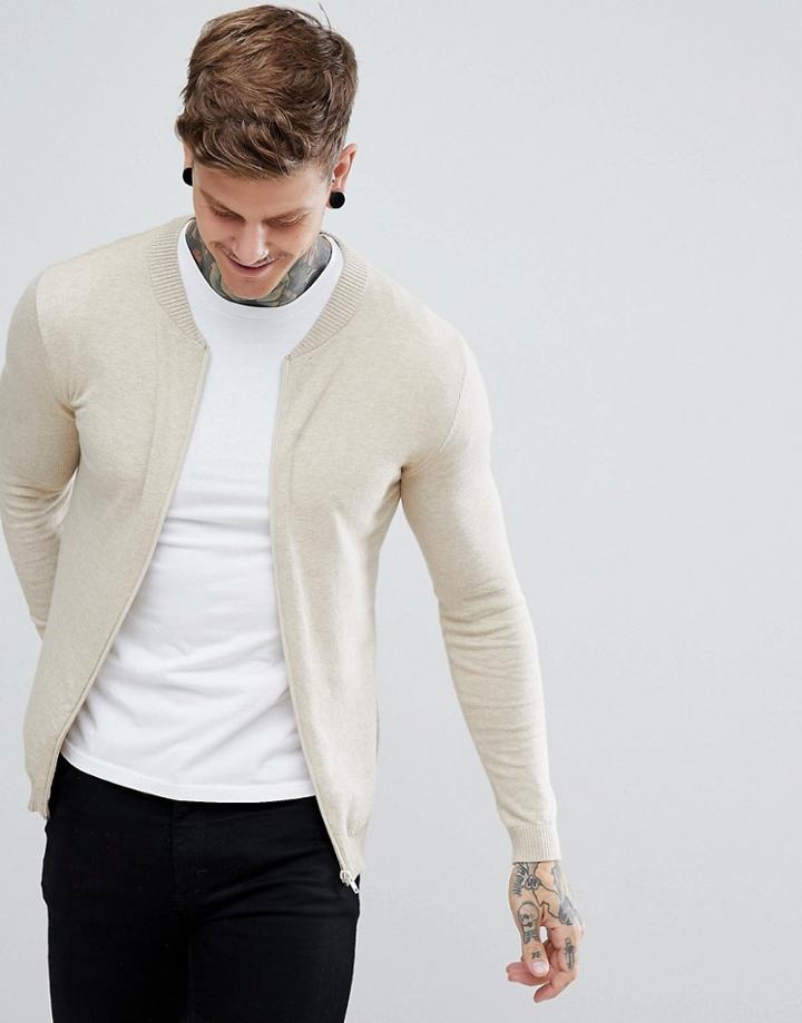 Asos Knitted Bomber In Ecru - Beige