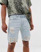 Liquor N Poker Denim Shorts In Stone Wash-blue