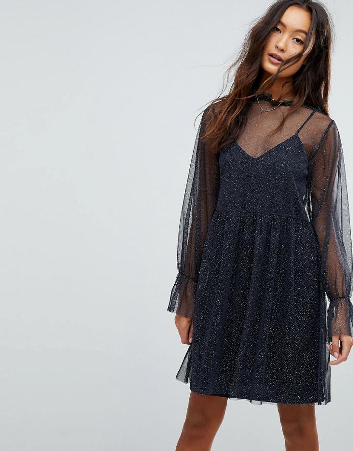 Vila Shift Sheer Glitter Dress - Navy