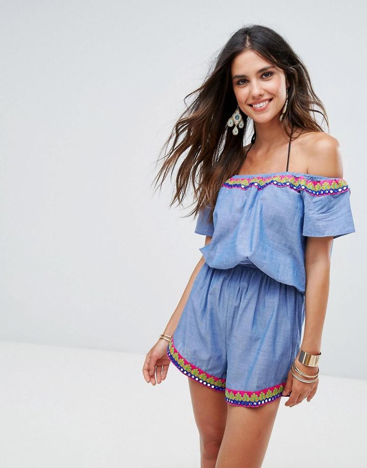 Anmol Pom Pom Off Shoulder Chambray Beach Romper - Blue