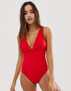 Asos Design 'sculpt Me' Control Twist Front Plunge Supportive Swimsuit In Red - Red
