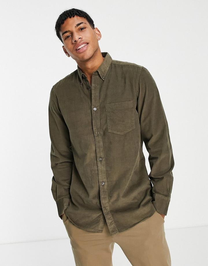 French Connection Long Sleeve Cord Shirt In Khaki-green