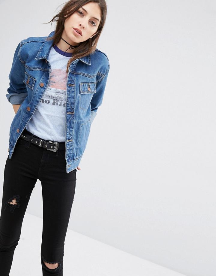 Asos Denim Cinch Back Jacket In Mid Wash Blue - Mid Wash Blue