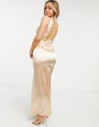 Tfnc Bridesmaid Satin Maxi Dress With Deep Plunge And Low Back In Champagne-gold