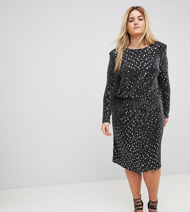 Flounce London Plus Sequin Ls Midi Dress With Shoulder Pads - Black