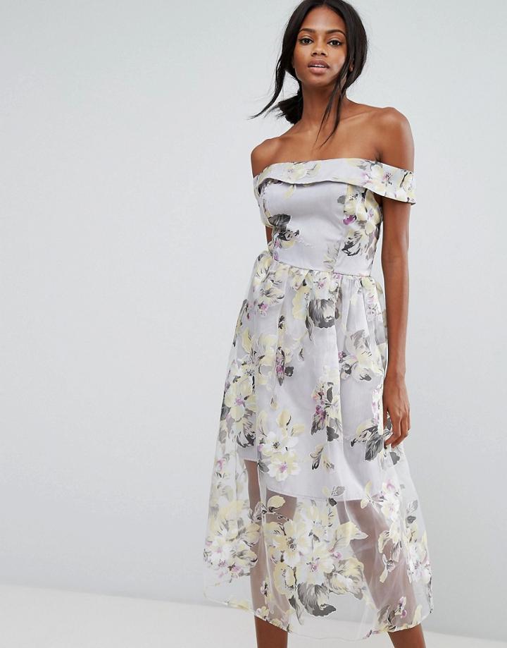 Amy Lynn Bardot Midi Prom Dress In Floral Print - Multi