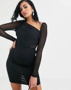 The Girlcode Assymetric Mini Bodycon Dress With Chiffon Sleeve-black