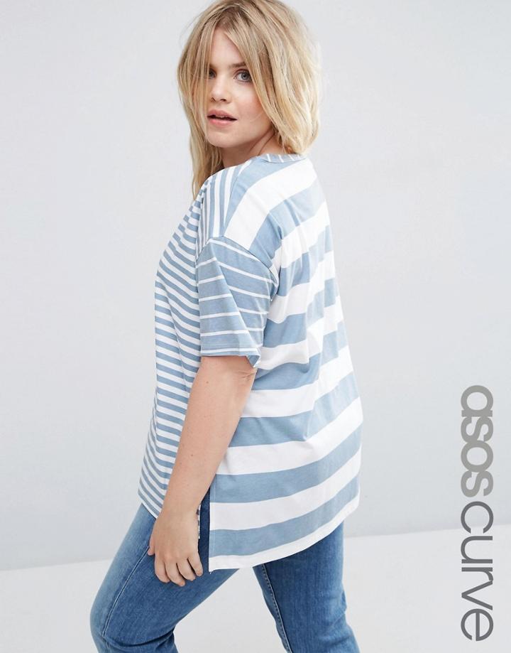 Asos Curve V Neck Tunic In Blocked Washed Stripe - Multi