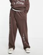 Asos Dark Future Oversized Sweatpants In Dark Brown With Gothic Text Print - Part Of A Set