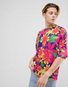 Asos Design Oversized T-shirt With All Over Bright Floral And Half Sleeve - Pink