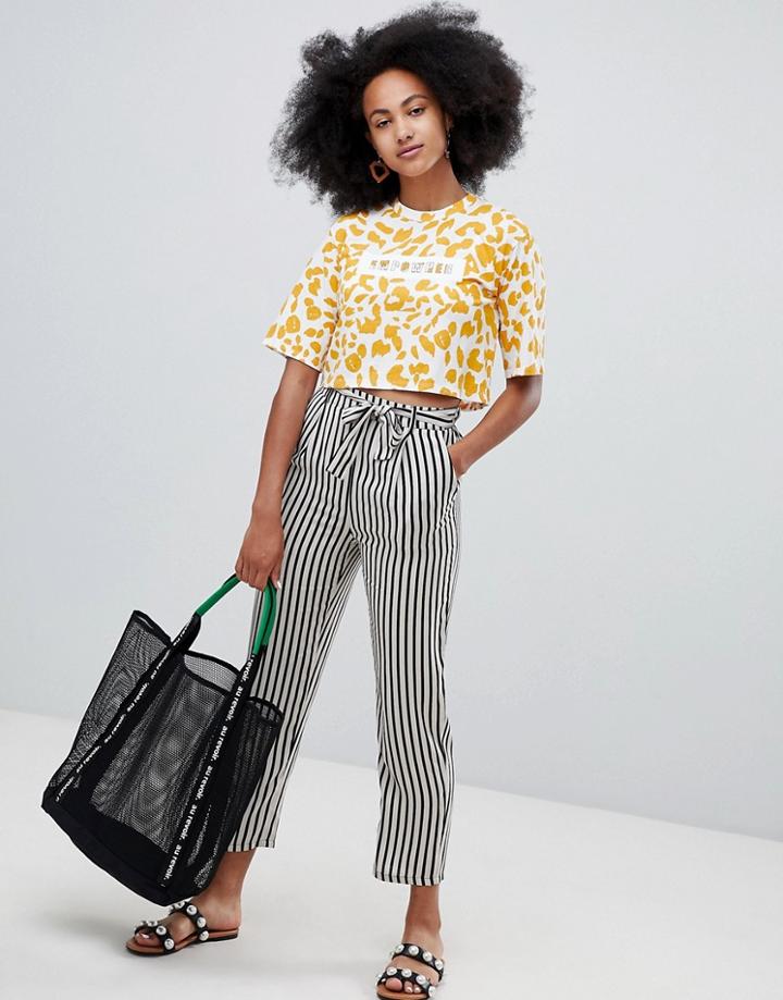 Monki Tie Waist Stripe Pants - Beige