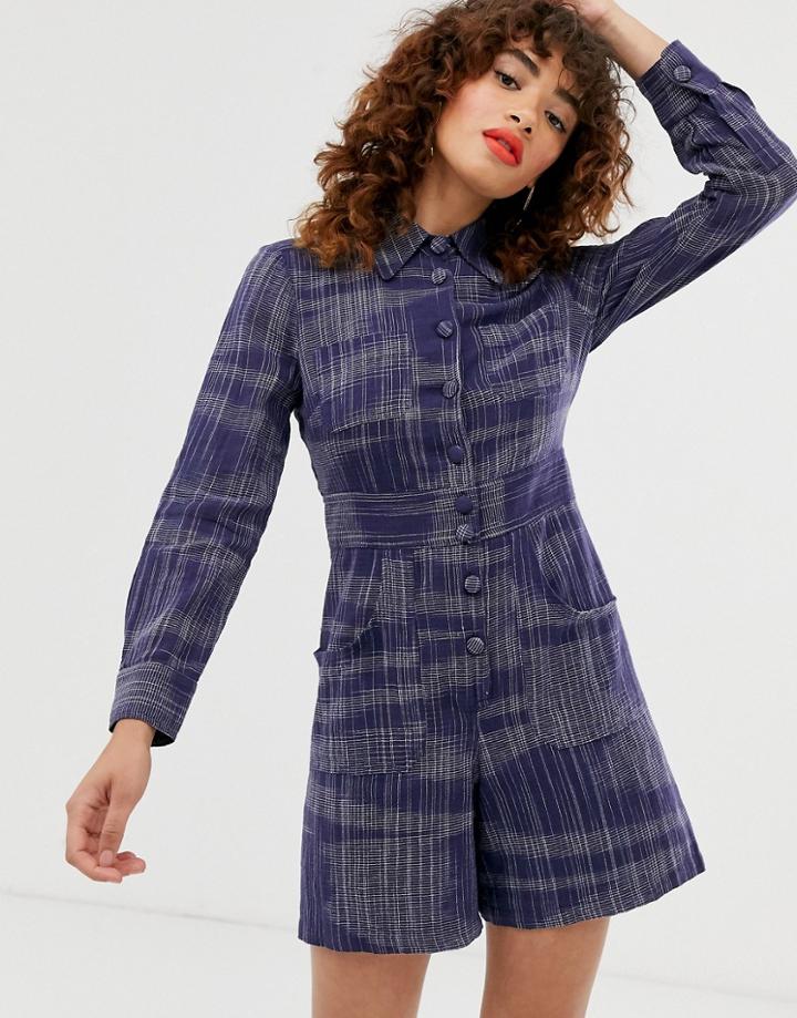 Asos White Navy Check Linen Romper-blue