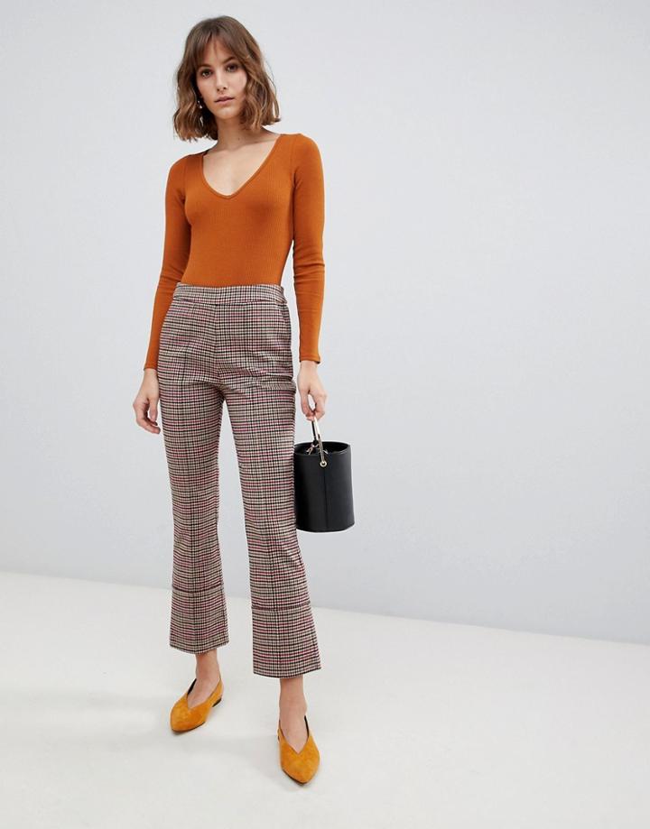 Side Party Feel Houndstooth Textured Cuffed Pants - Brown