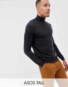 Asos Design Tall Merino Wool Roll Neck Sweater In Charcoal - Gray