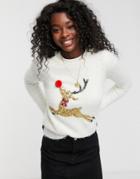 Brave Soul Fluffy Christmas Sweater With Sequin Reindeer-cream