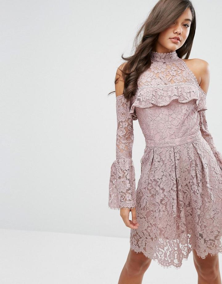 Dark Pink Lace Cold Shoulder Skater Dress - Pink