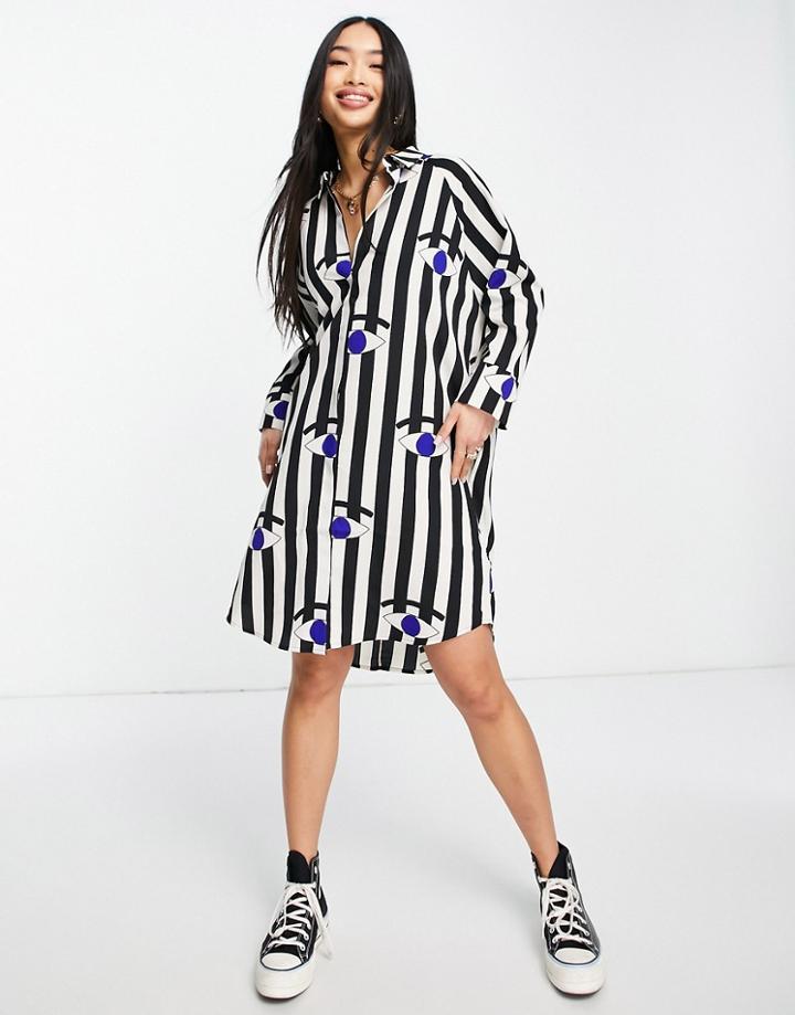 Monki Recycled Polyester Mini Shirt Dress In Stripe Eye Print-black