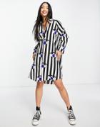 Monki Recycled Polyester Mini Shirt Dress In Stripe Eye Print-black