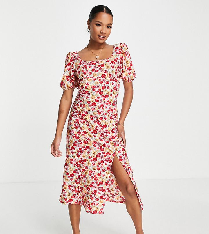 Miss Selfridge Puff Sleeve Midi Dress In Pink Floral